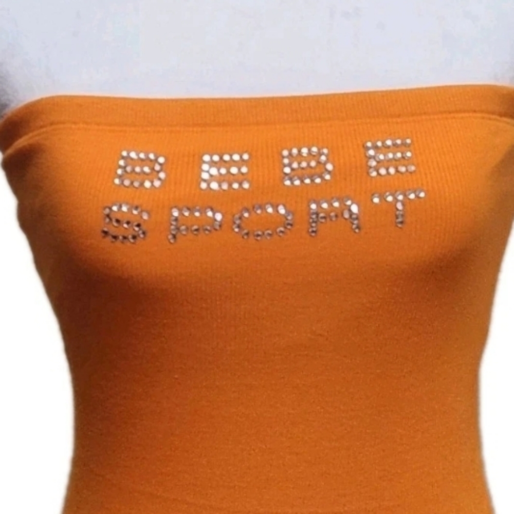 💐Vtg Y2K Bebe Sport Tube Top L Orange Ribbed Rhinestone Bling USA Deadstock - Picture 13 of 14